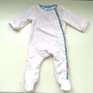 Jacadi Footie, Pink Velour with Liberty Flower Ruffle Trim size 1 mth
